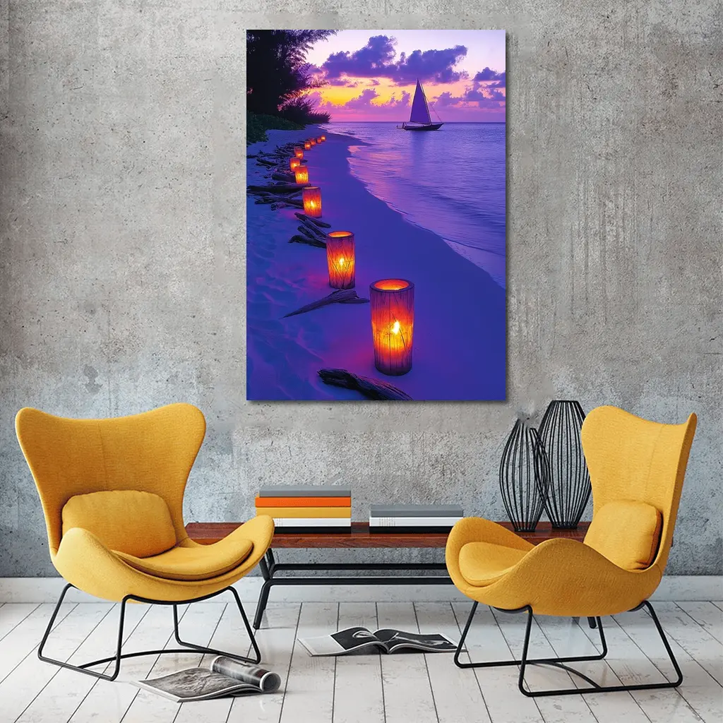 Candlelit Beach Path Purple Sunset Sailboat – Wall Art