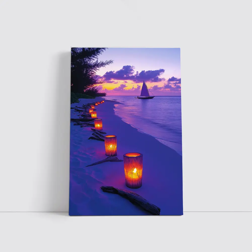 Candlelit Beach Path Purple Sunset Sailboat – Wall Art