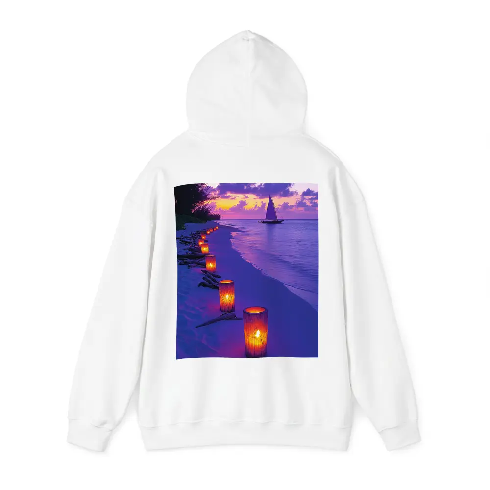 Candlelit Beach Path Purple Sunset Sailboat – Hoodies