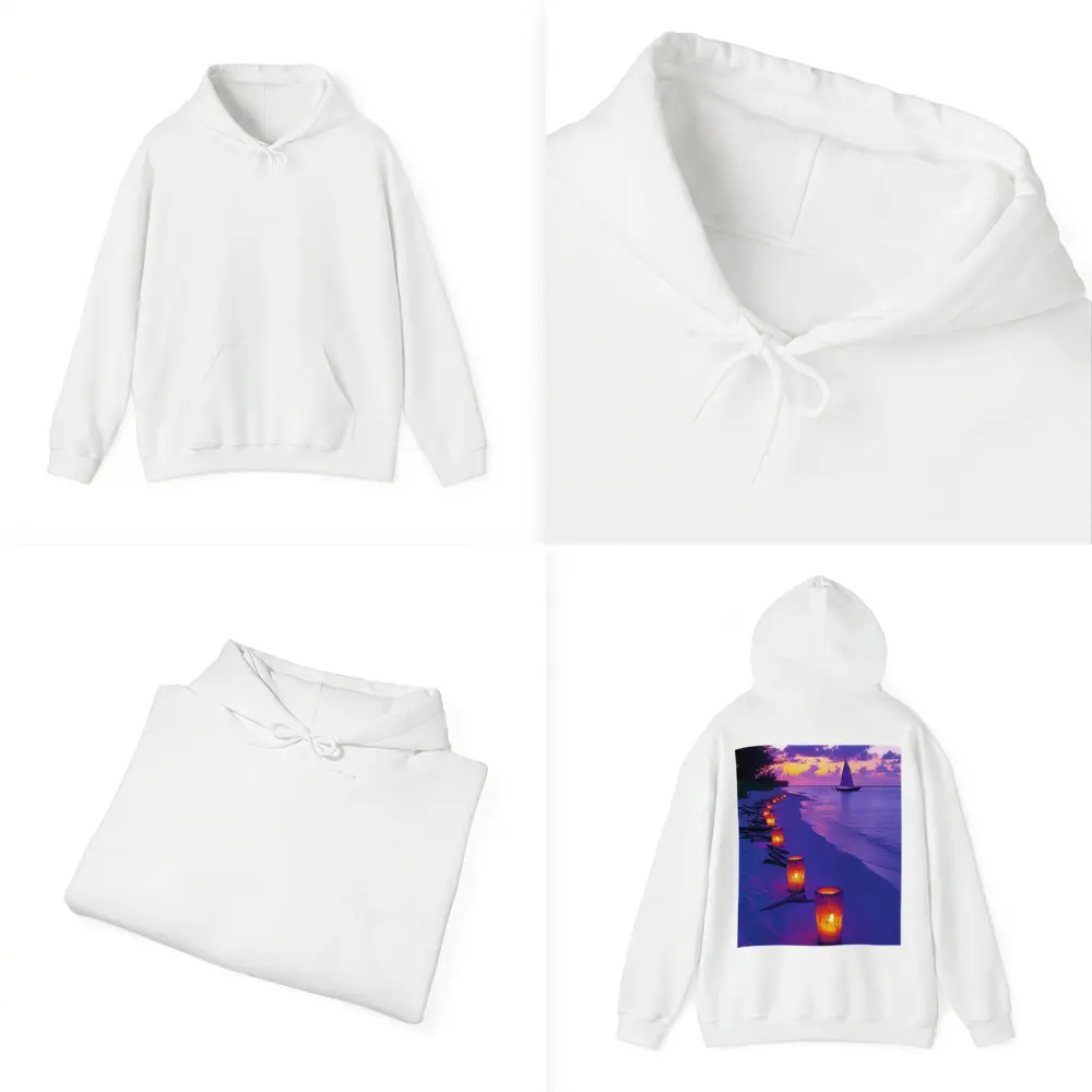 Candlelit Beach Path Purple Sunset Sailboat – Hoodies