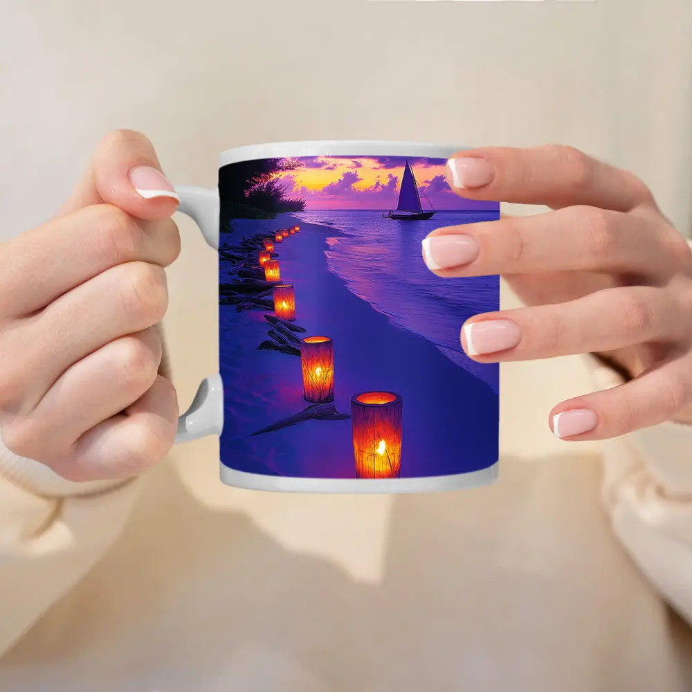 Candlelit Beach Path Purple Sunset Sailboat – Mugs