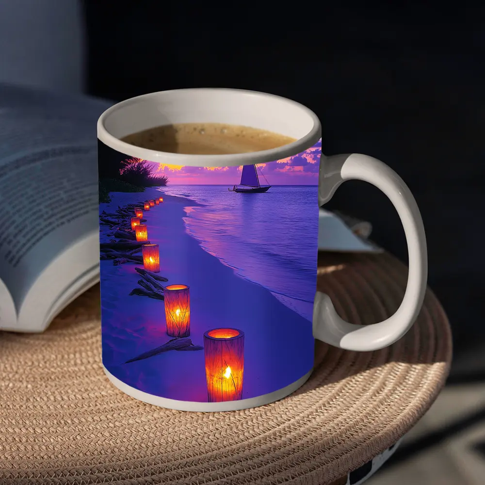 Candlelit Beach Path Purple Sunset Sailboat – Mugs