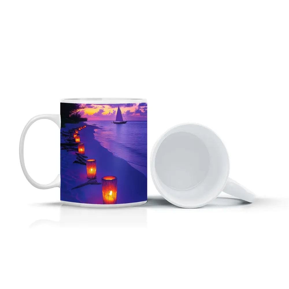 Candlelit Beach Path Purple Sunset Sailboat – Mugs