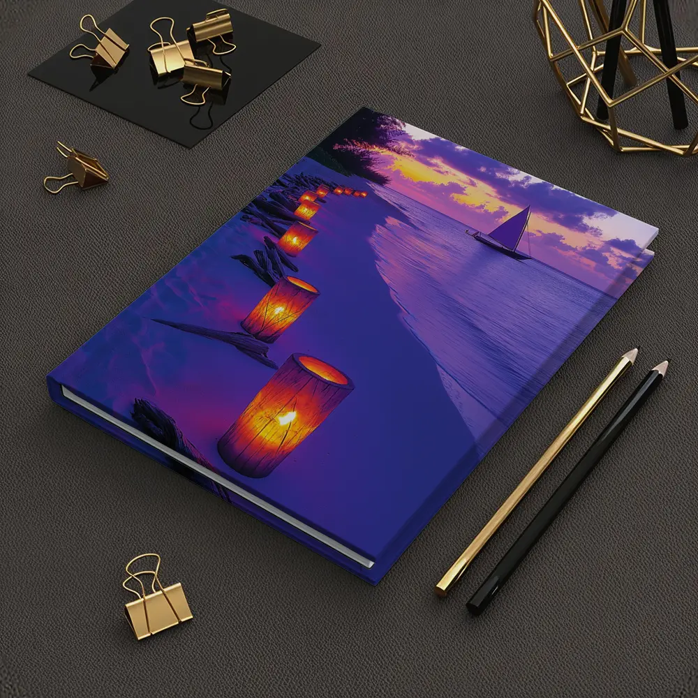 Candlelit Beach Path Purple Sunset Sailboat – Notebooks