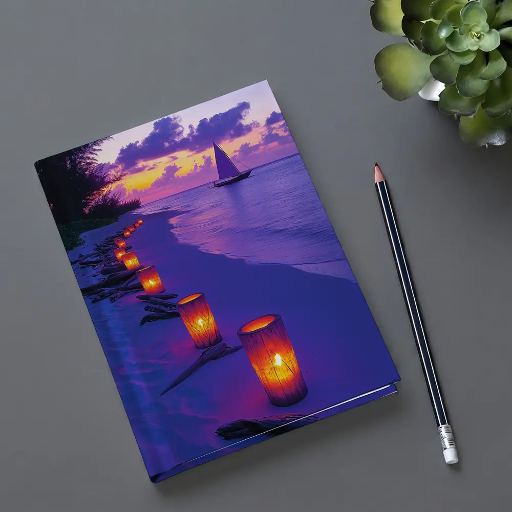 Candlelit Beach Path Purple Sunset Sailboat – Notebooks