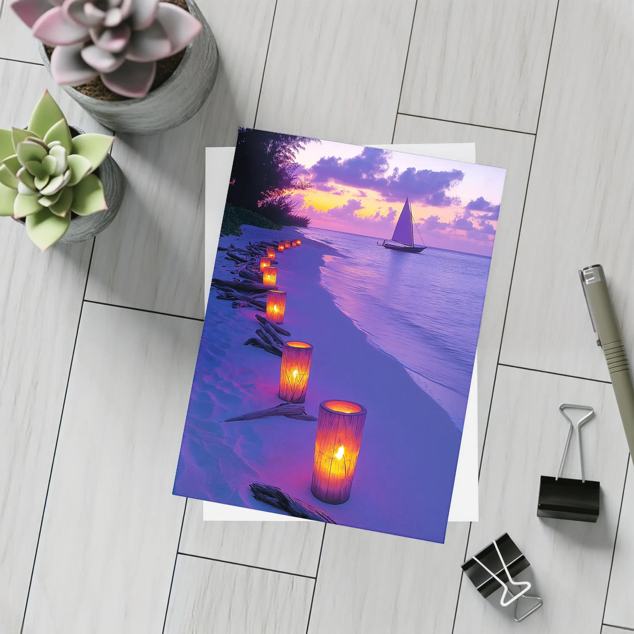 Candlelit Beach Path Purple Sunset Sailboat – Postcards