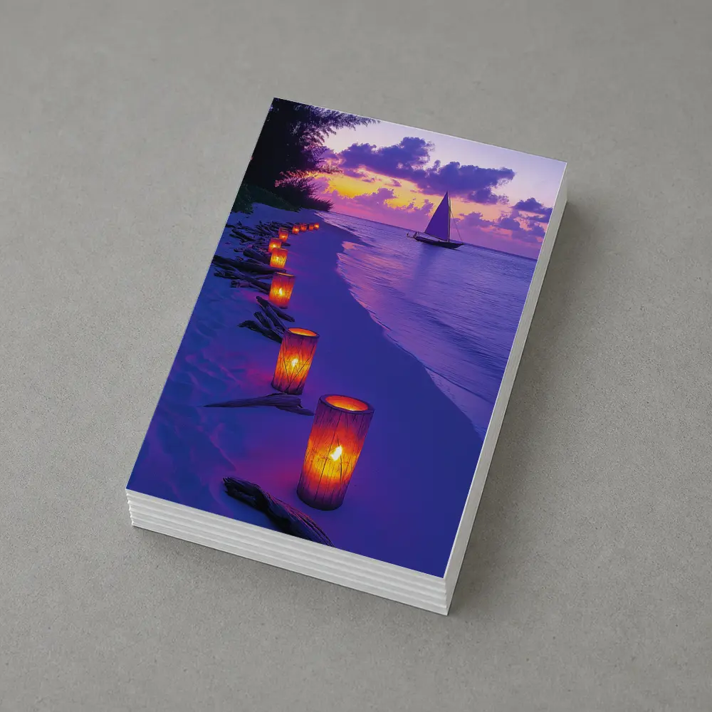 Candlelit Beach Path Purple Sunset Sailboat – Postcards