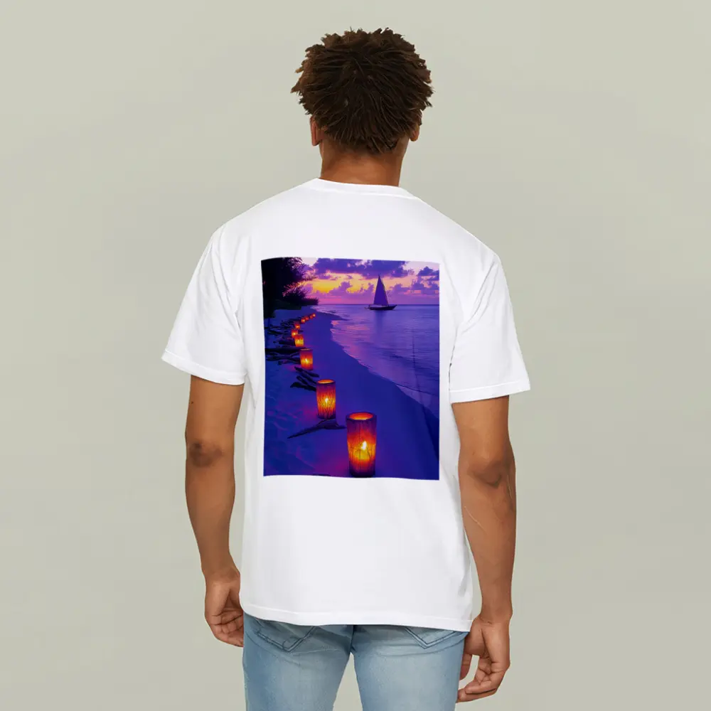 Candlelit Beach Path Purple Sunset Sailboat – T-Shirts