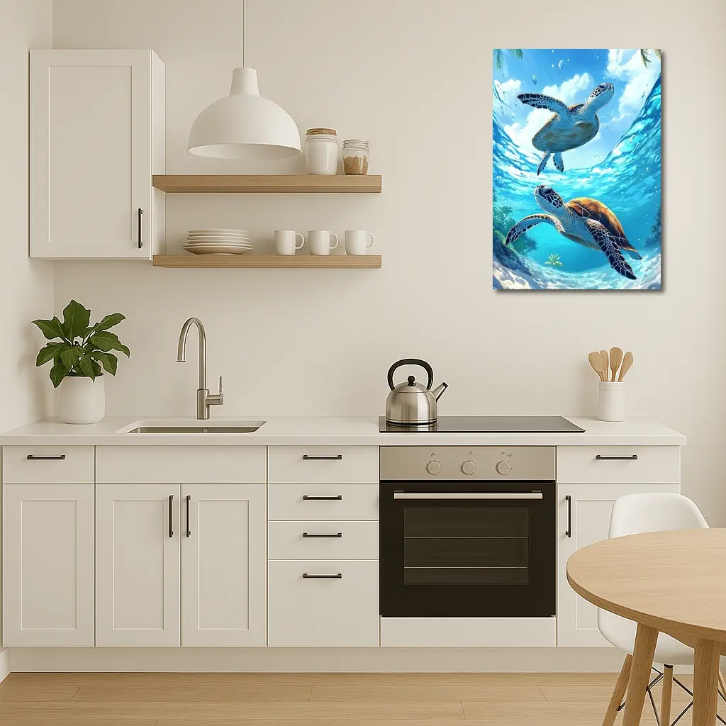 Two Sea Turtles Swimming Tropical Ocean Waters – Wall Art