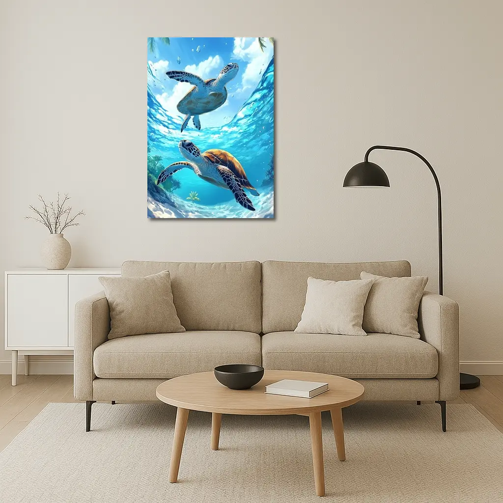 Two Sea Turtles Swimming Tropical Ocean Waters – Wall Art