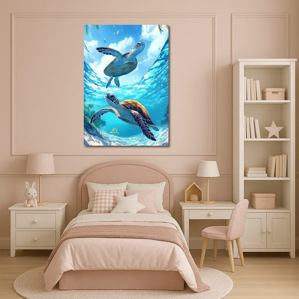 Two Sea Turtles Swimming Tropical Ocean Waters – Wall Art