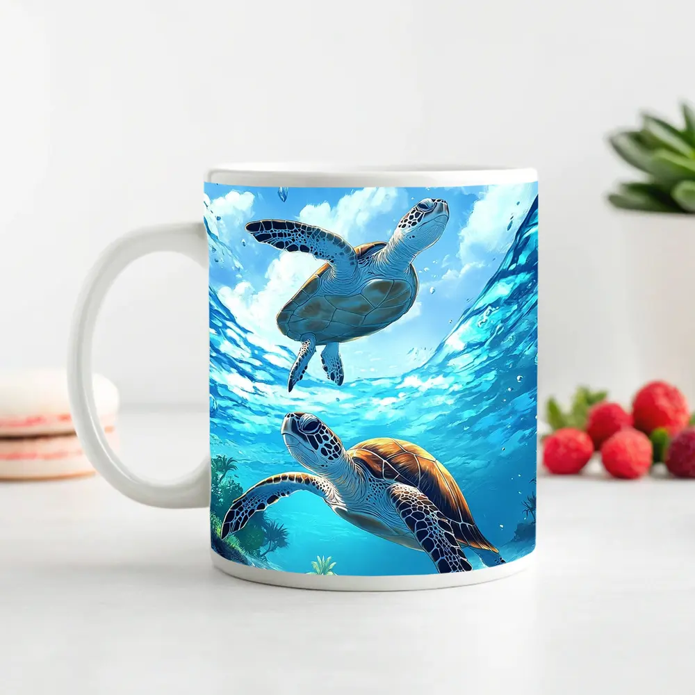 Two Sea Turtles Swimming Tropical Ocean Waters – Mugs