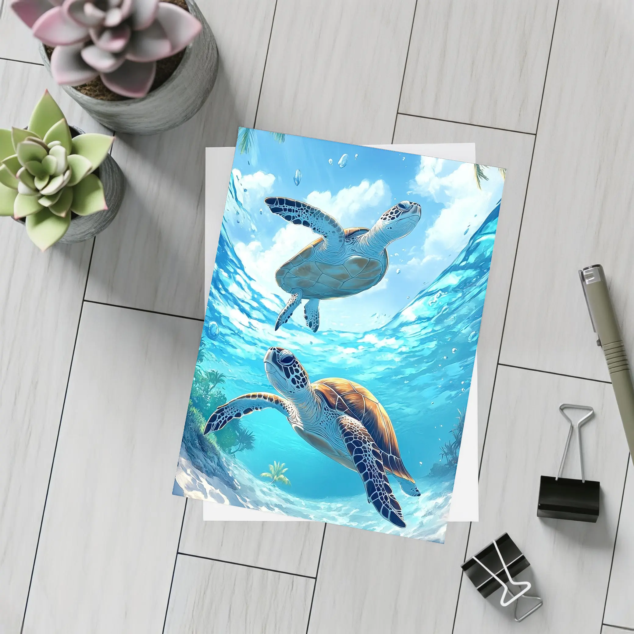 Two Sea Turtles Swimming Tropical Ocean Waters – Postcards