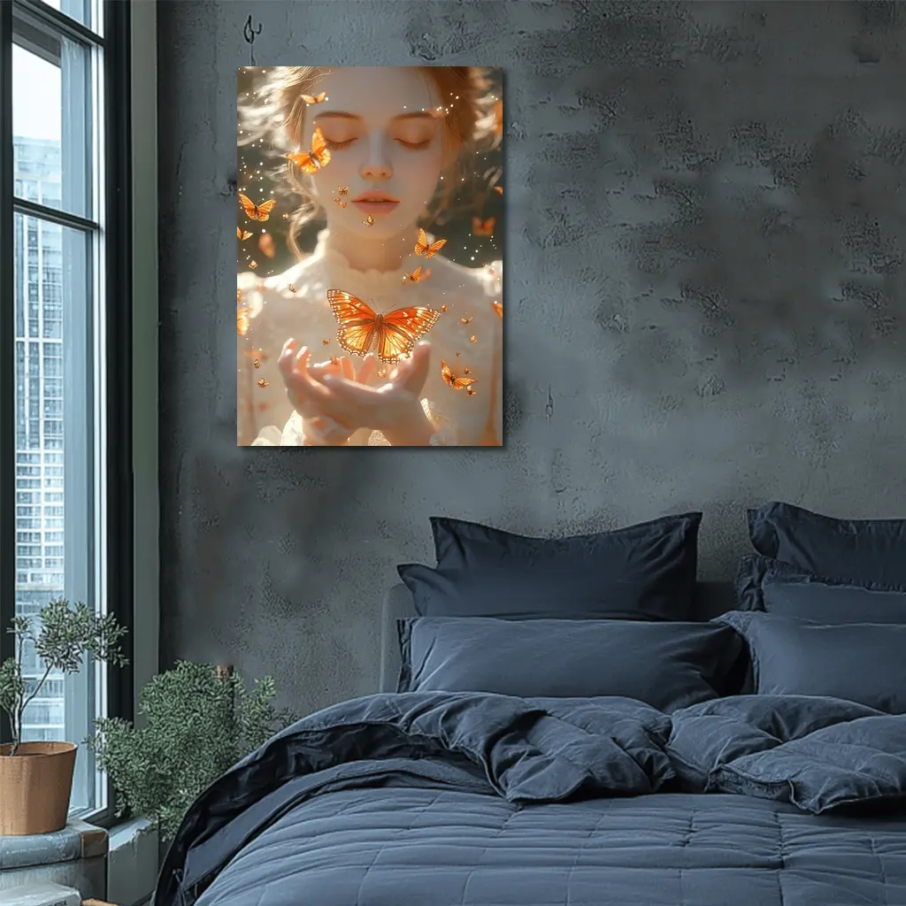 Girl Holding Butterfly Golden Light Fantasy – Wall Art