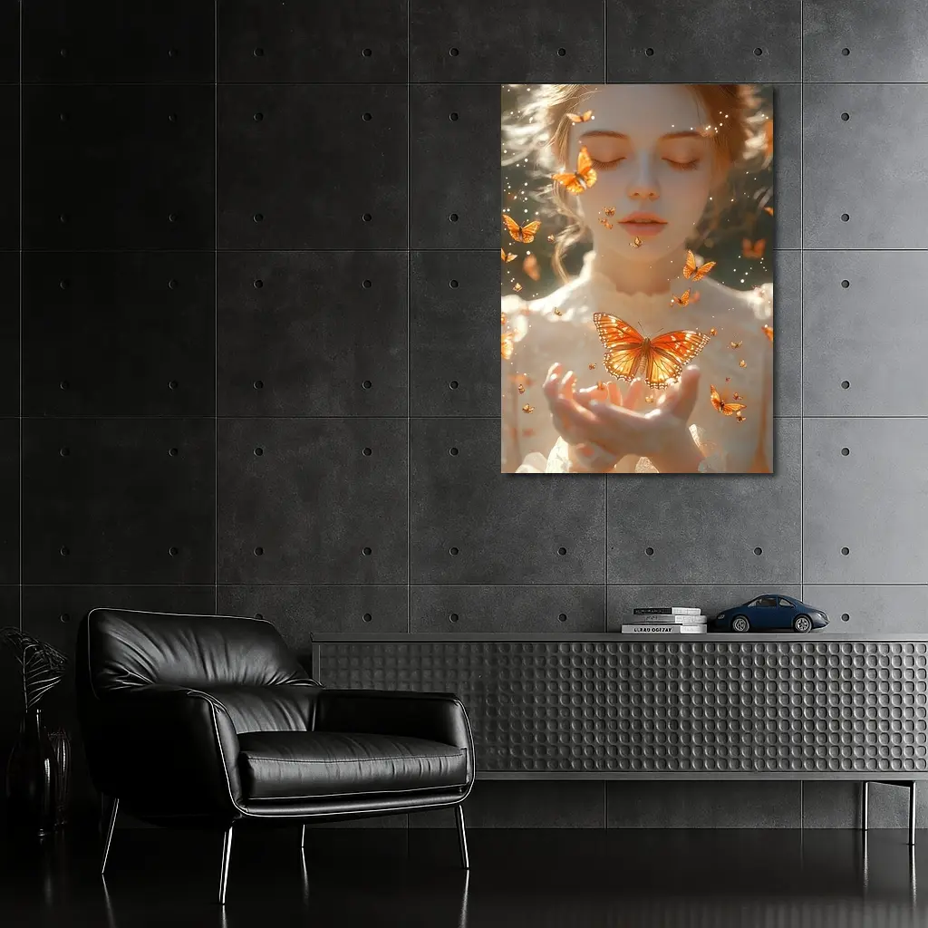 Girl Holding Butterfly Golden Light Fantasy – Wall Art
