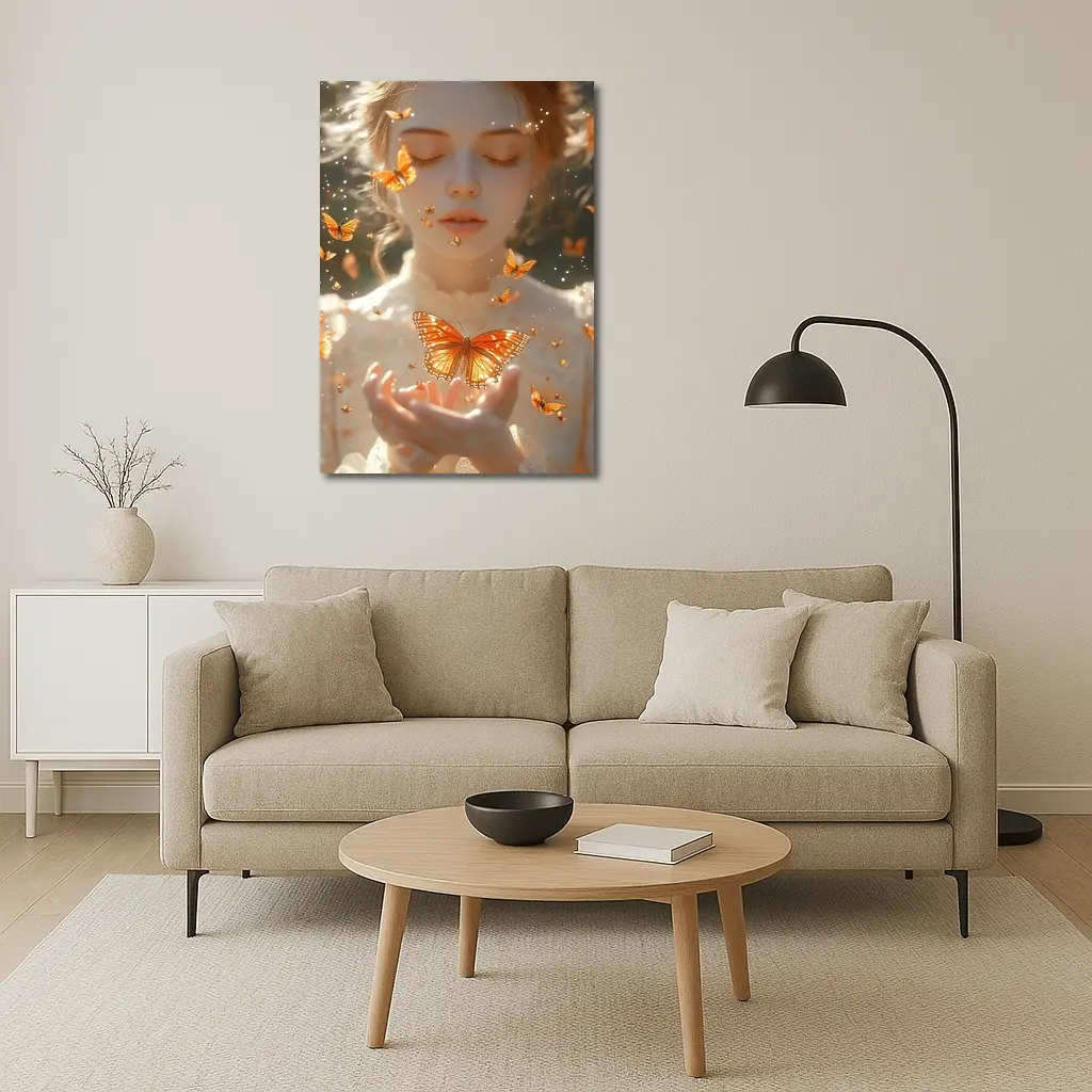 Girl Holding Butterfly Golden Light Fantasy – Wall Art