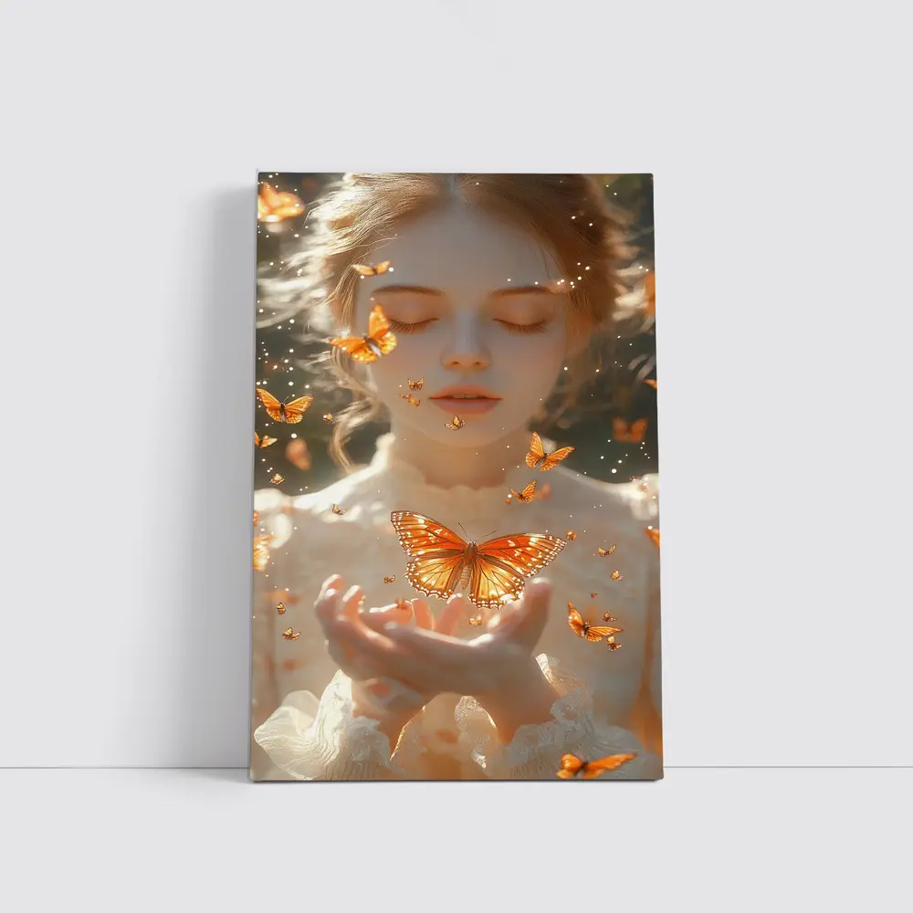 Girl Holding Butterfly Golden Light Fantasy – Wall Art
