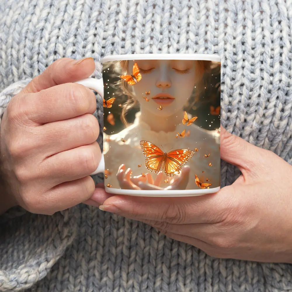 Girl Holding Butterfly Golden Light Fantasy – Mugs