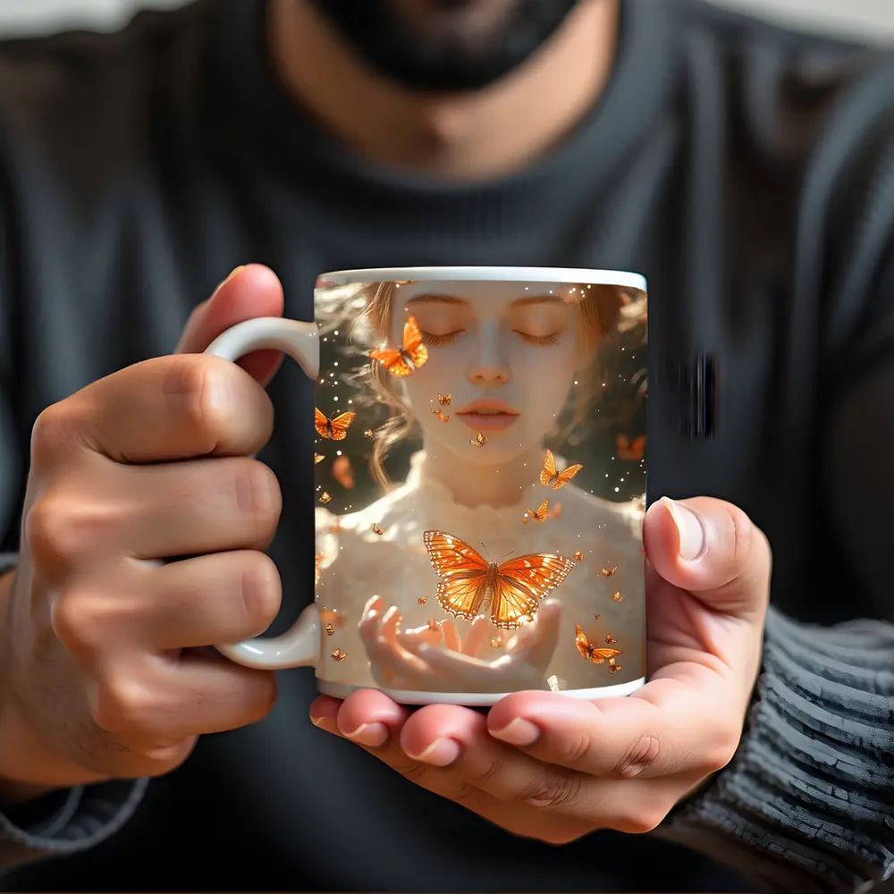 Girl Holding Butterfly Golden Light Fantasy – Mugs