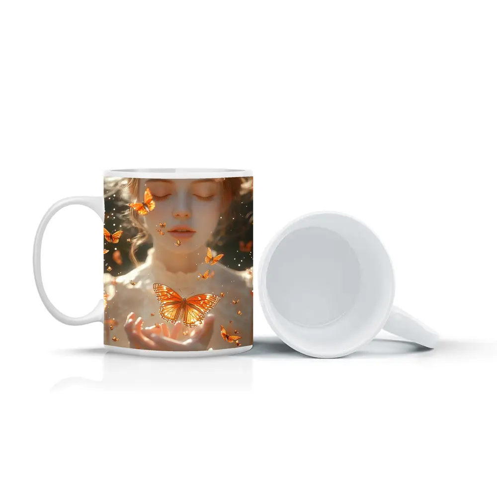 Girl Holding Butterfly Golden Light Fantasy – Mugs