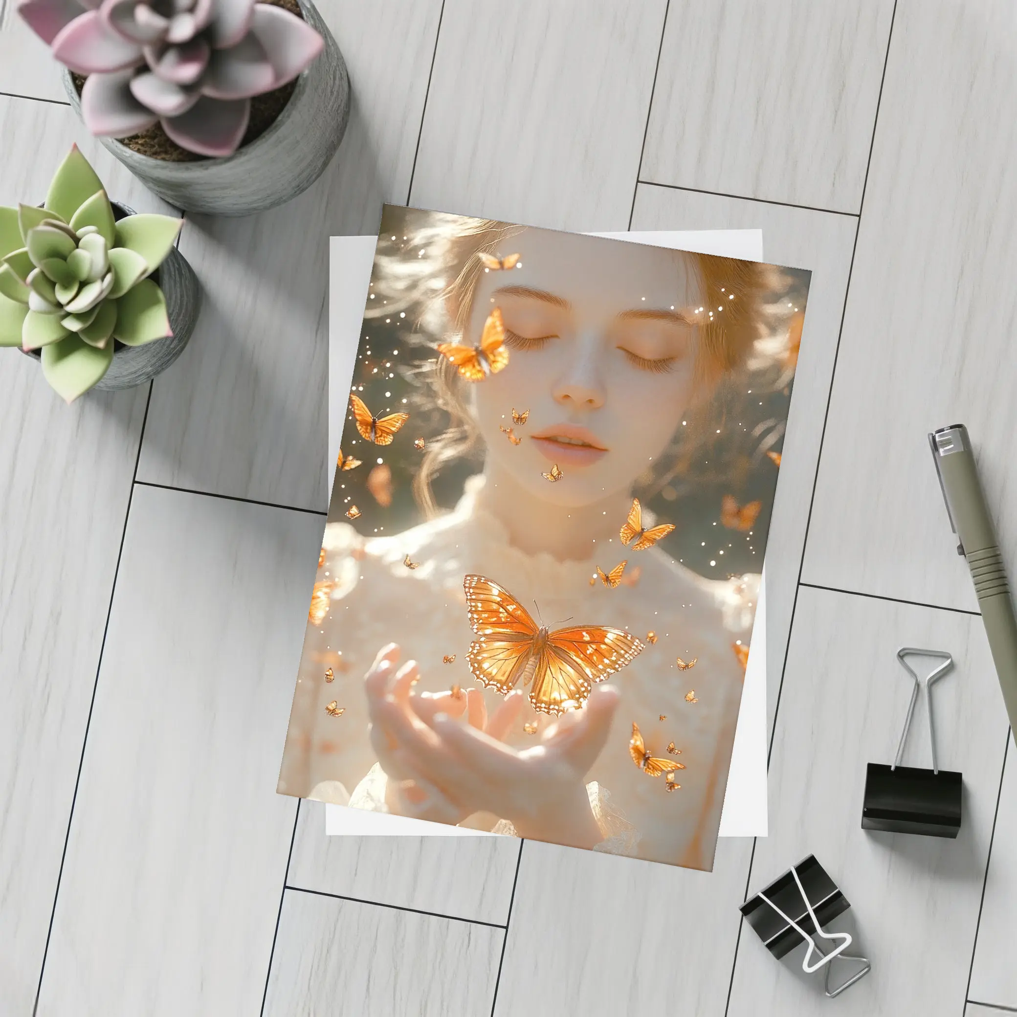 Girl Holding Butterfly Golden Light Fantasy – Postcards