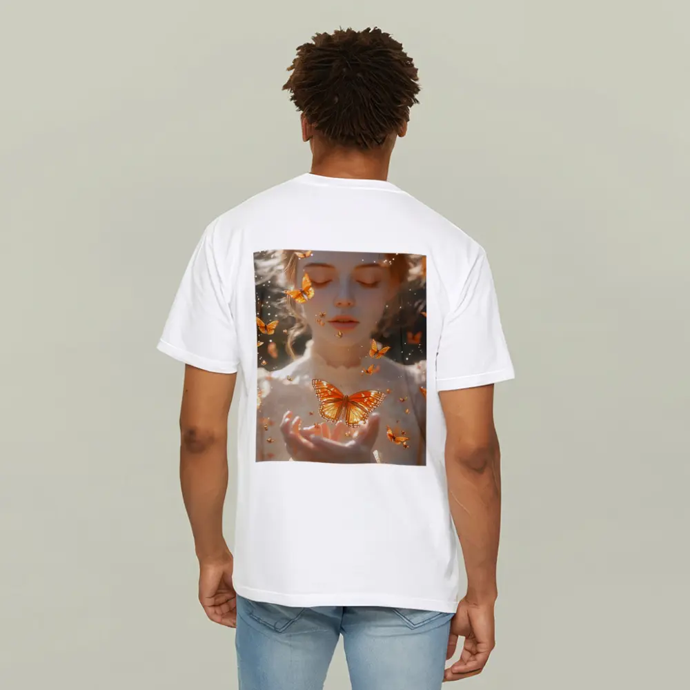 Girl Holding Butterfly Golden Light Fantasy – T-Shirts