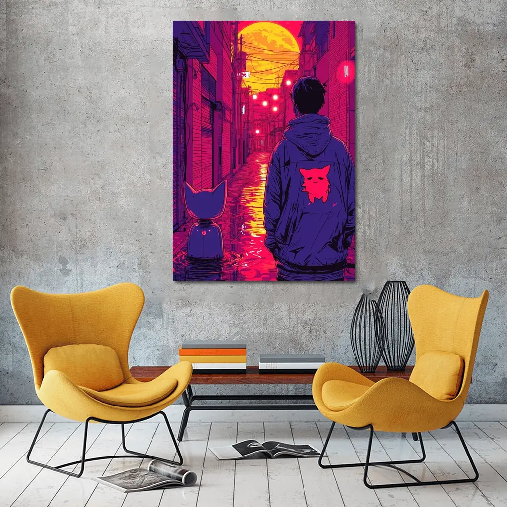Anime Boy Cat Rainy Neon Alley Night – Wall Art