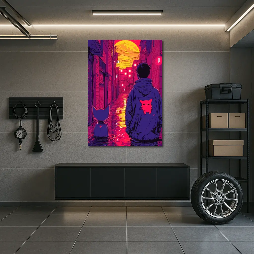 Anime Boy Cat Rainy Neon Alley Night – Wall Art