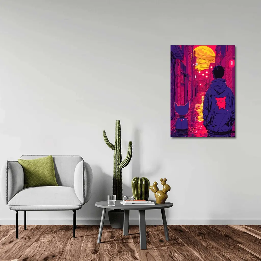 Anime Boy Cat Rainy Neon Alley Night – Wall Art