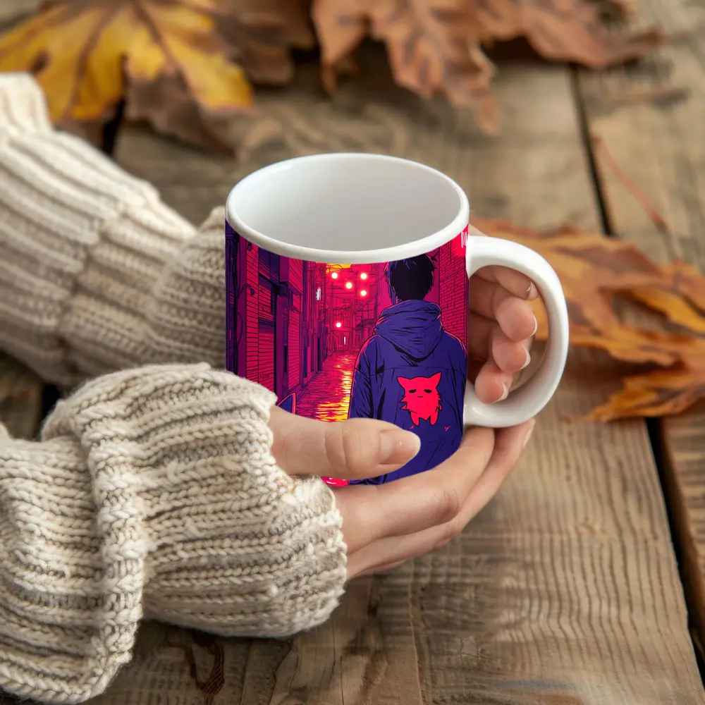 Anime Boy Cat Rainy Neon Alley Night – Mugs