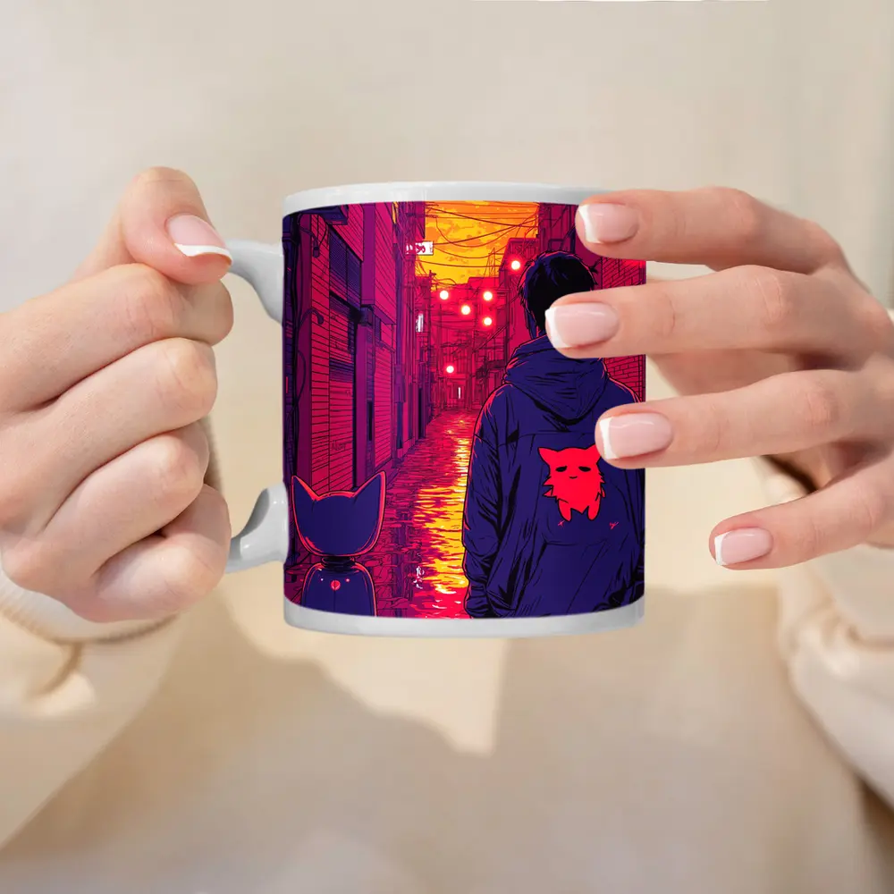Anime Boy Cat Rainy Neon Alley Night – Mugs