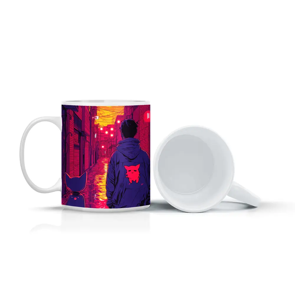 Anime Boy Cat Rainy Neon Alley Night – Mugs