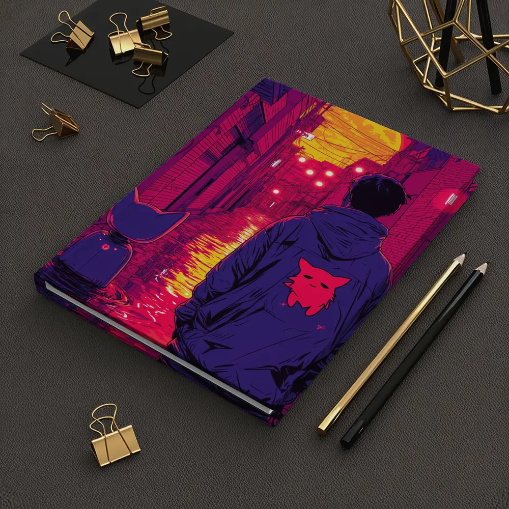 Anime Boy Cat Rainy Neon Alley Night – Notebooks