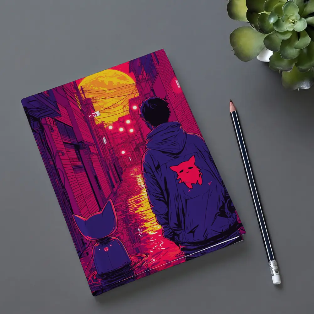 Anime Boy Cat Rainy Neon Alley Night – Notebooks