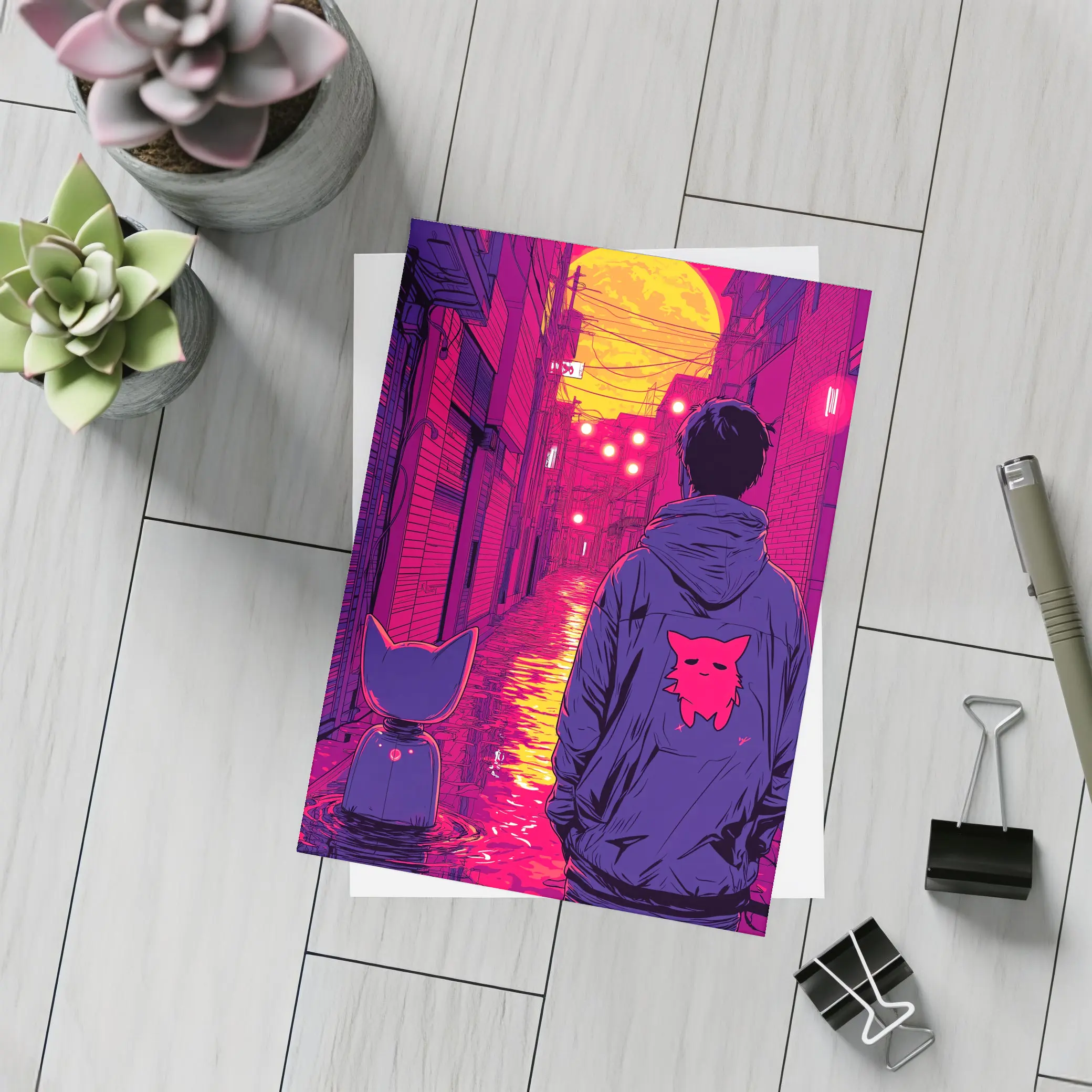 Anime Boy Cat Rainy Neon Alley Night – Postcards