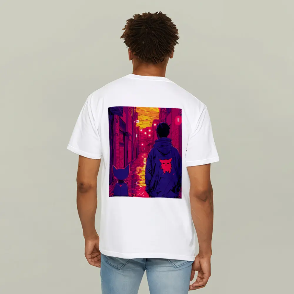 Anime Boy Cat Rainy Neon Alley Night – T-Shirts