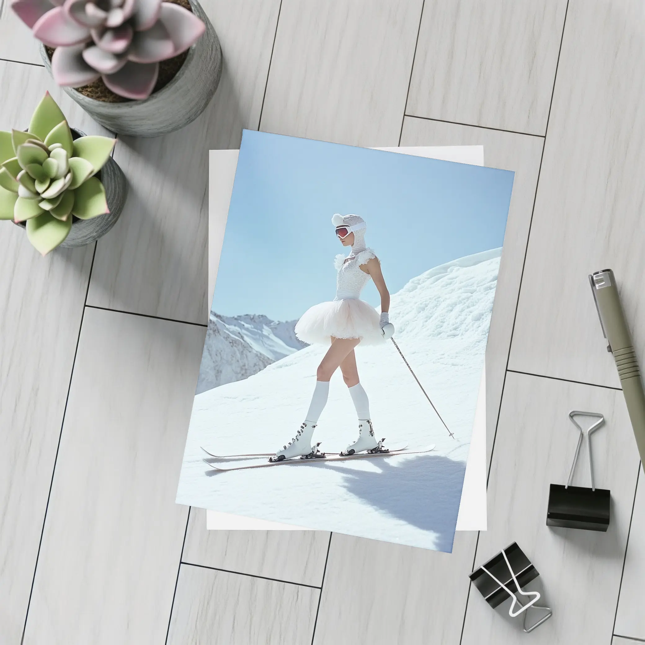 Ballet Skier Woman on Snowy Mountain – Postcards