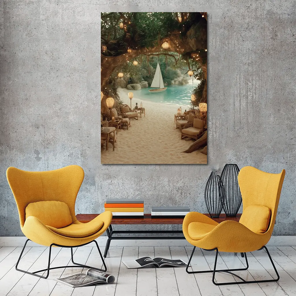 Tropical Cave Beach Sailboat Warm Lantern Light – Wall Art