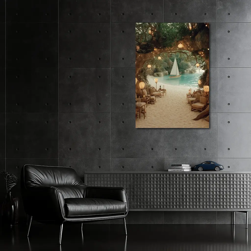 Tropical Cave Beach Sailboat Warm Lantern Light – Wall Art