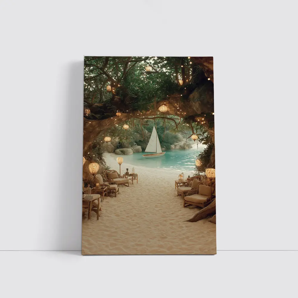 Tropical Cave Beach Sailboat Warm Lantern Light – Wall Art