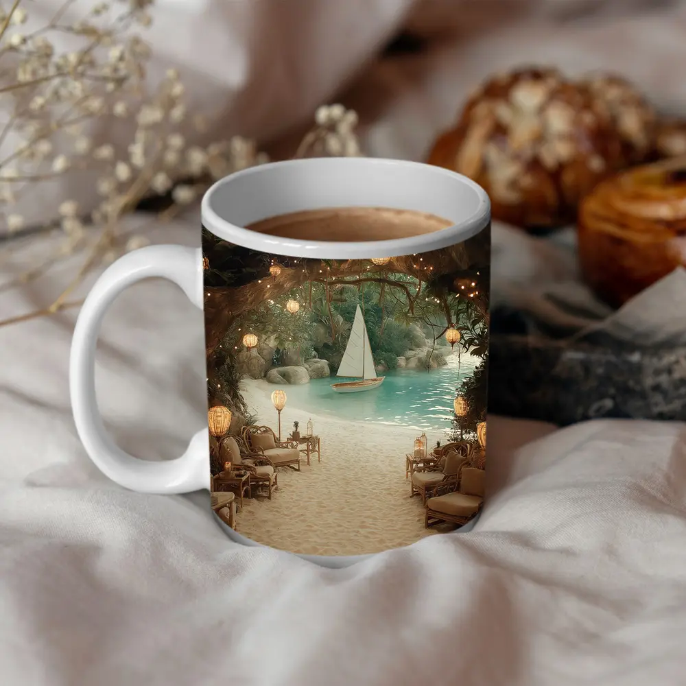 Tropical Cave Beach Sailboat Warm Lantern Light – Mugs