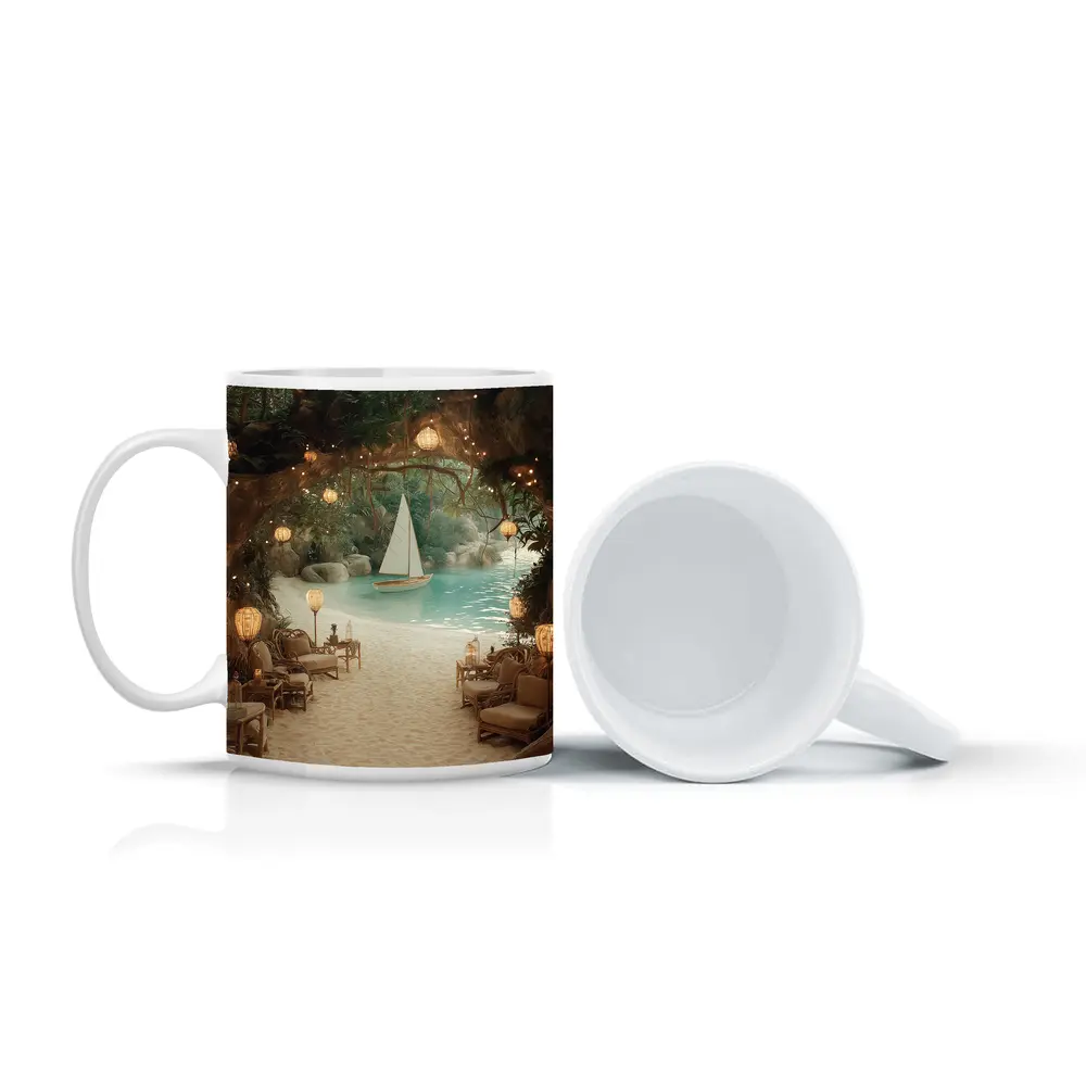 Tropical Cave Beach Sailboat Warm Lantern Light – Mugs