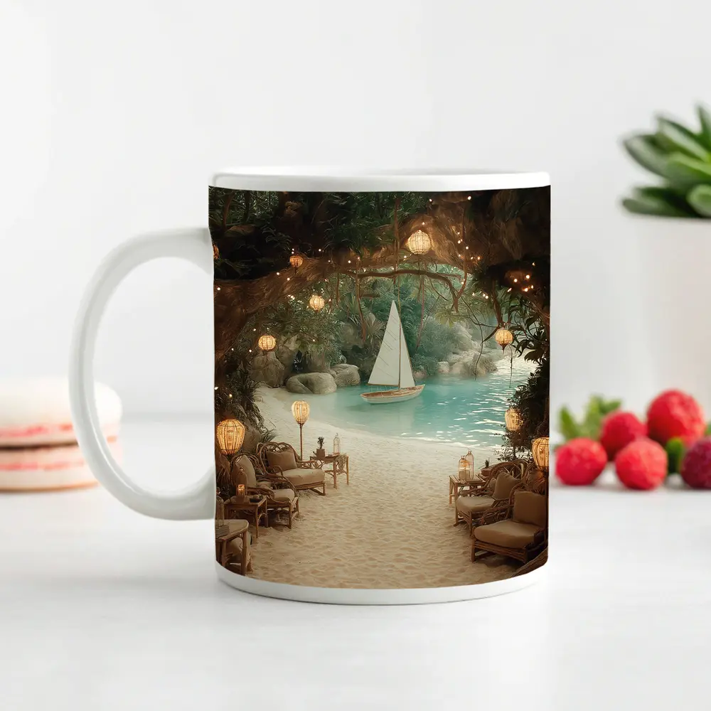 Tropical Cave Beach Sailboat Warm Lantern Light – Mugs