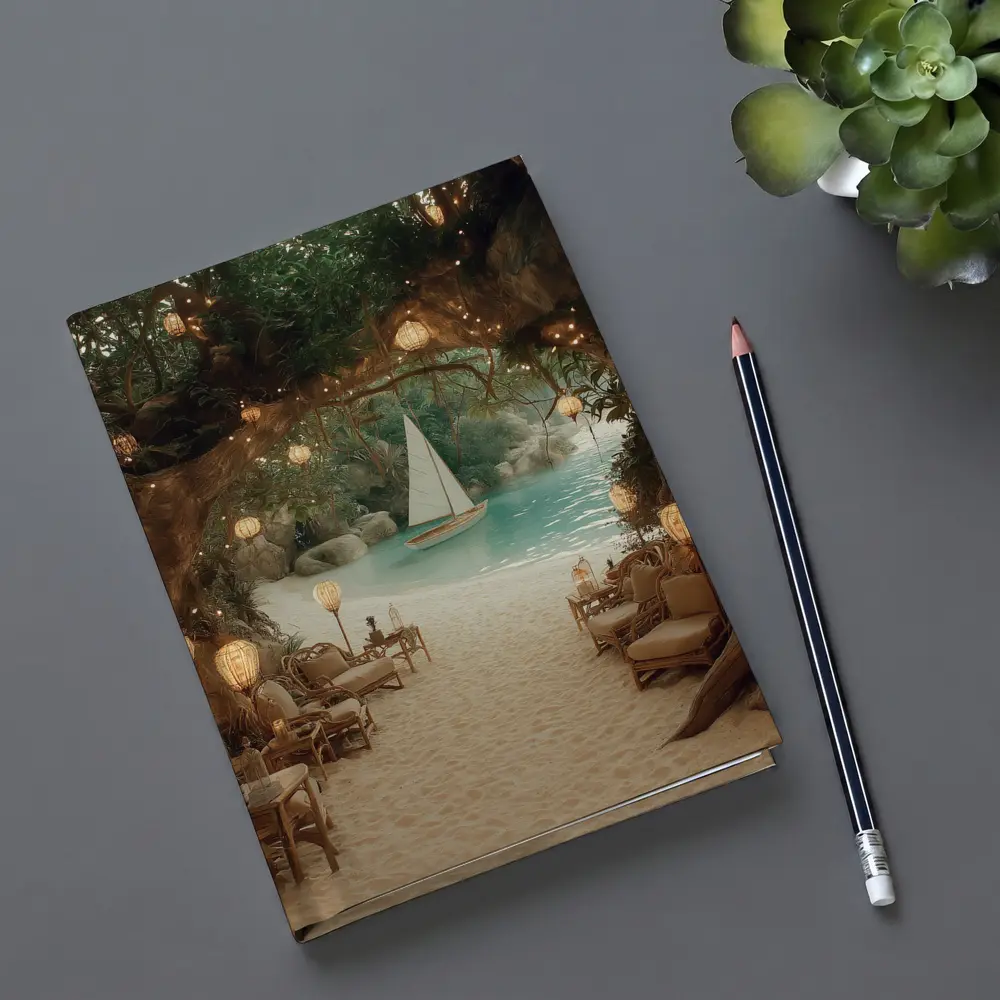 Tropical Cave Beach Sailboat Warm Lantern Light – Notebooks