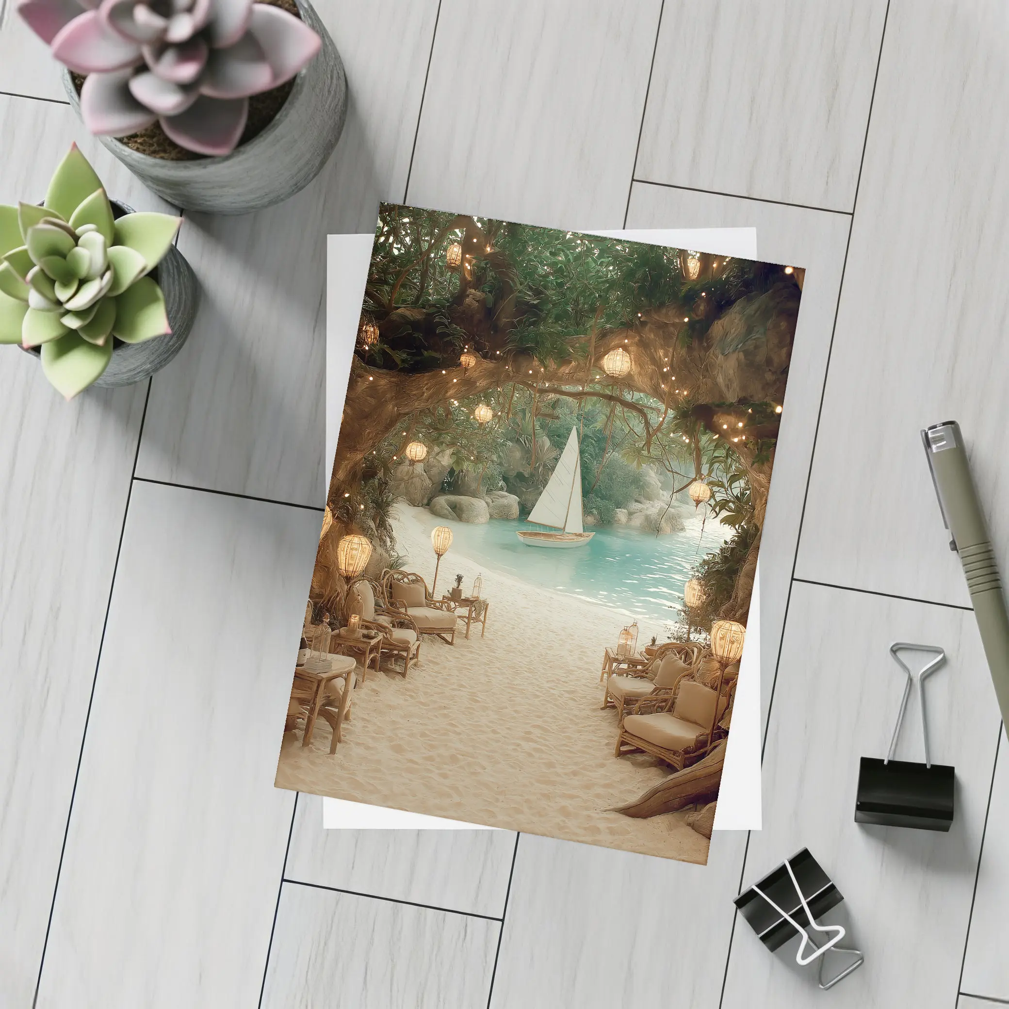 Tropical Cave Beach Sailboat Warm Lantern Light – Postcards