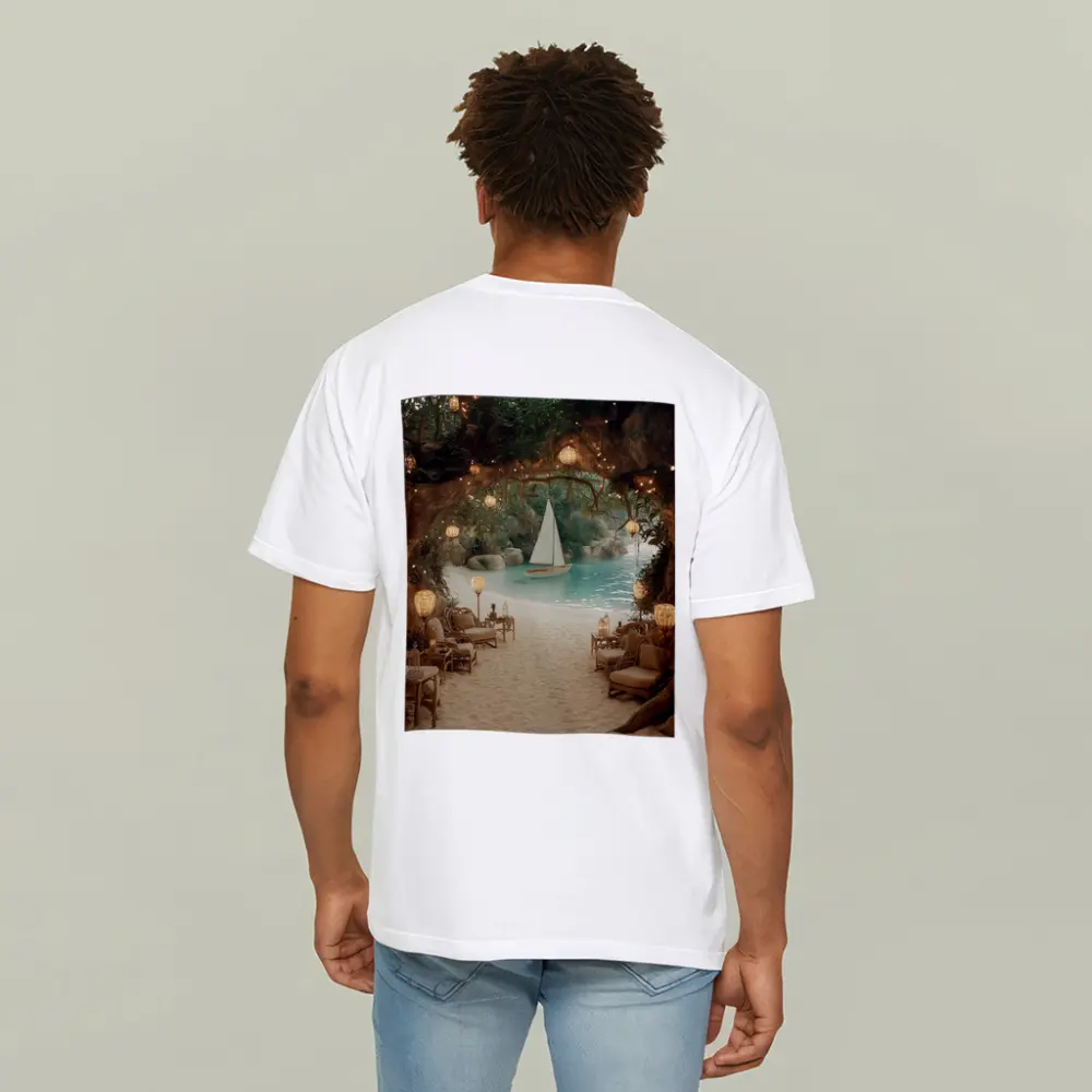 Tropical Cave Beach Sailboat Warm Lantern Light – T-Shirts