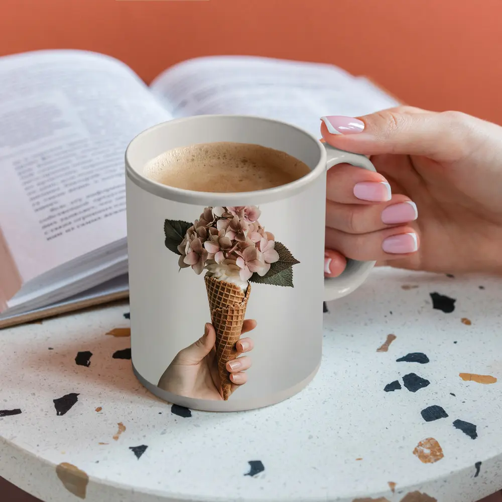 Hydrangea Flowers in Waffle Cone Hand – Mugs
