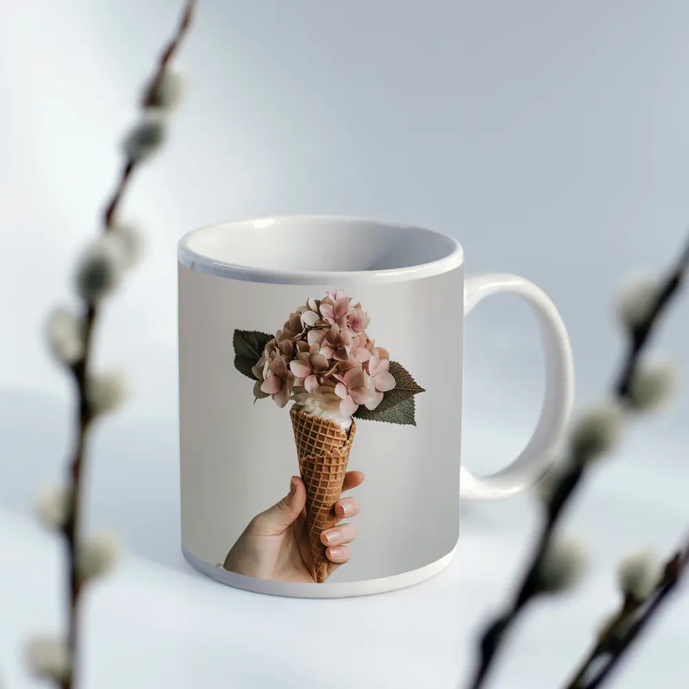 Hydrangea Flowers in Waffle Cone Hand – Mugs