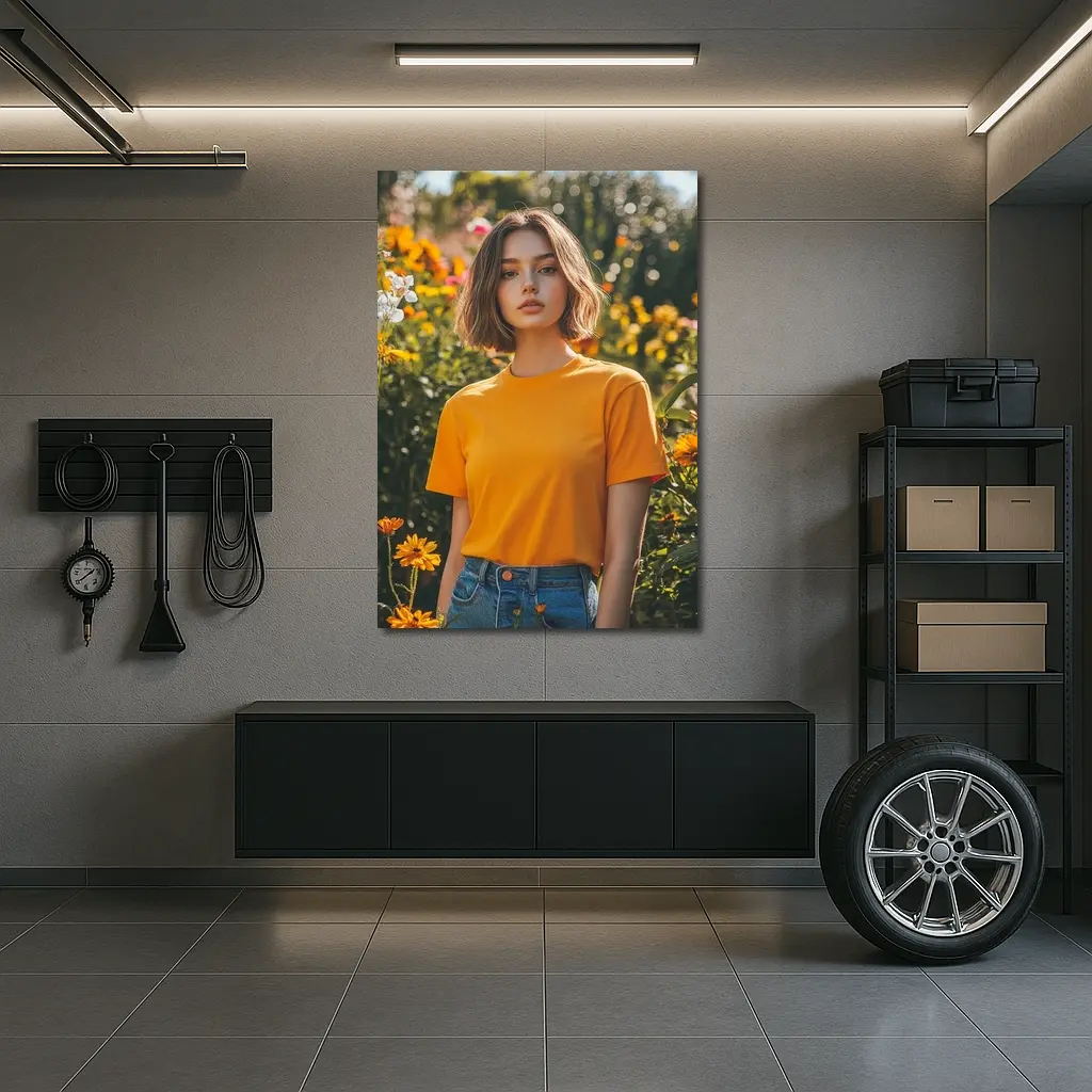 Young Woman Orange Shirt Garden Flowers – Wall Art