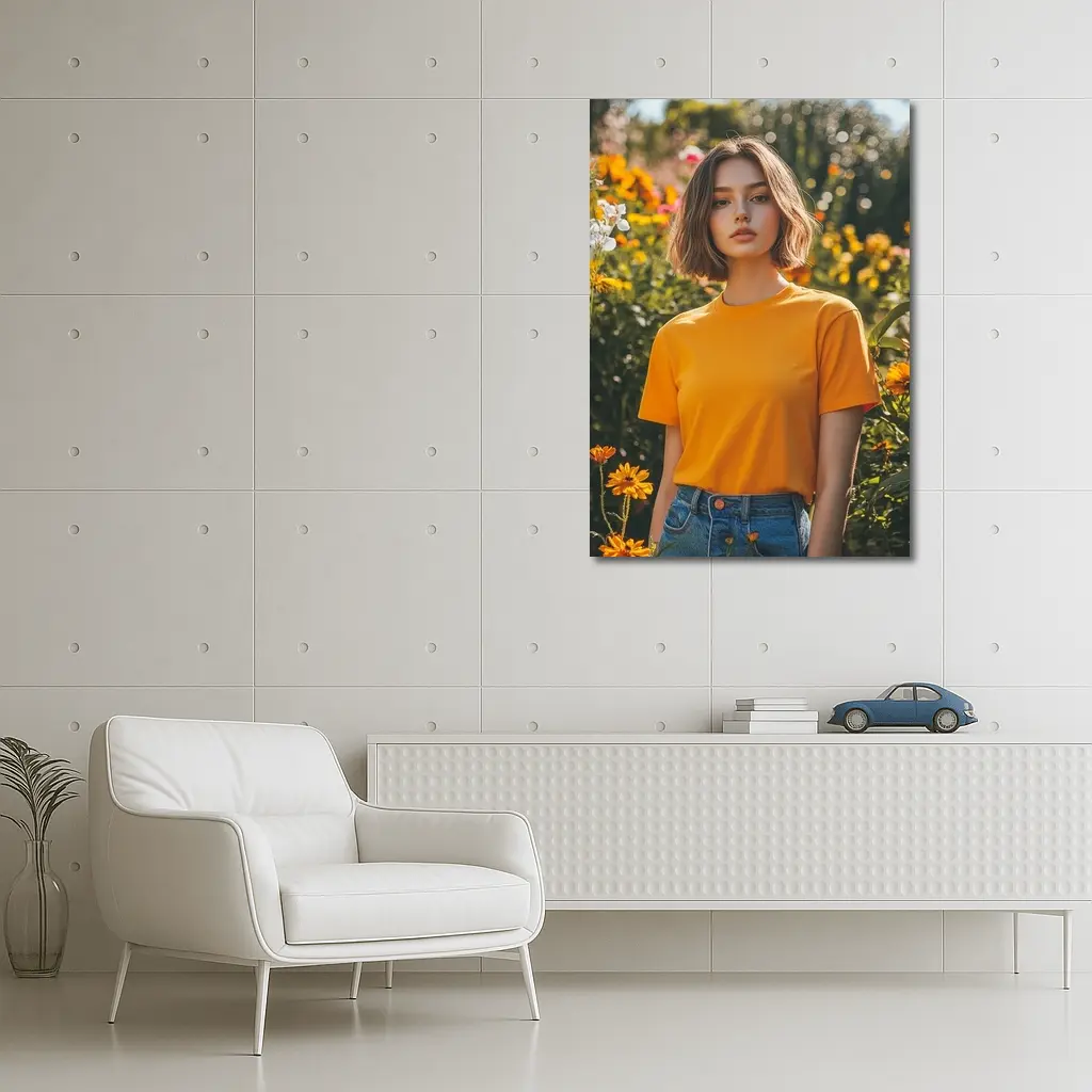 Young Woman Orange Shirt Garden Flowers – Wall Art